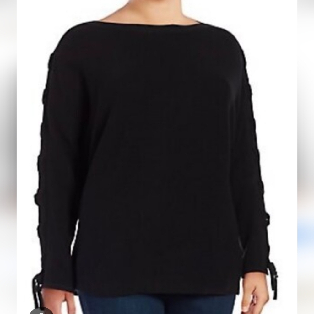 Lord & Taylor black ribbed knit dolman sleeve sweater with lace-up side details